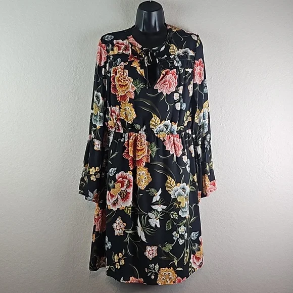 LOFT | Dresses | Loft Womens Black Body Multi Color Floral Bell Long Sleeves  Lined Dress Sz M | Poshmark